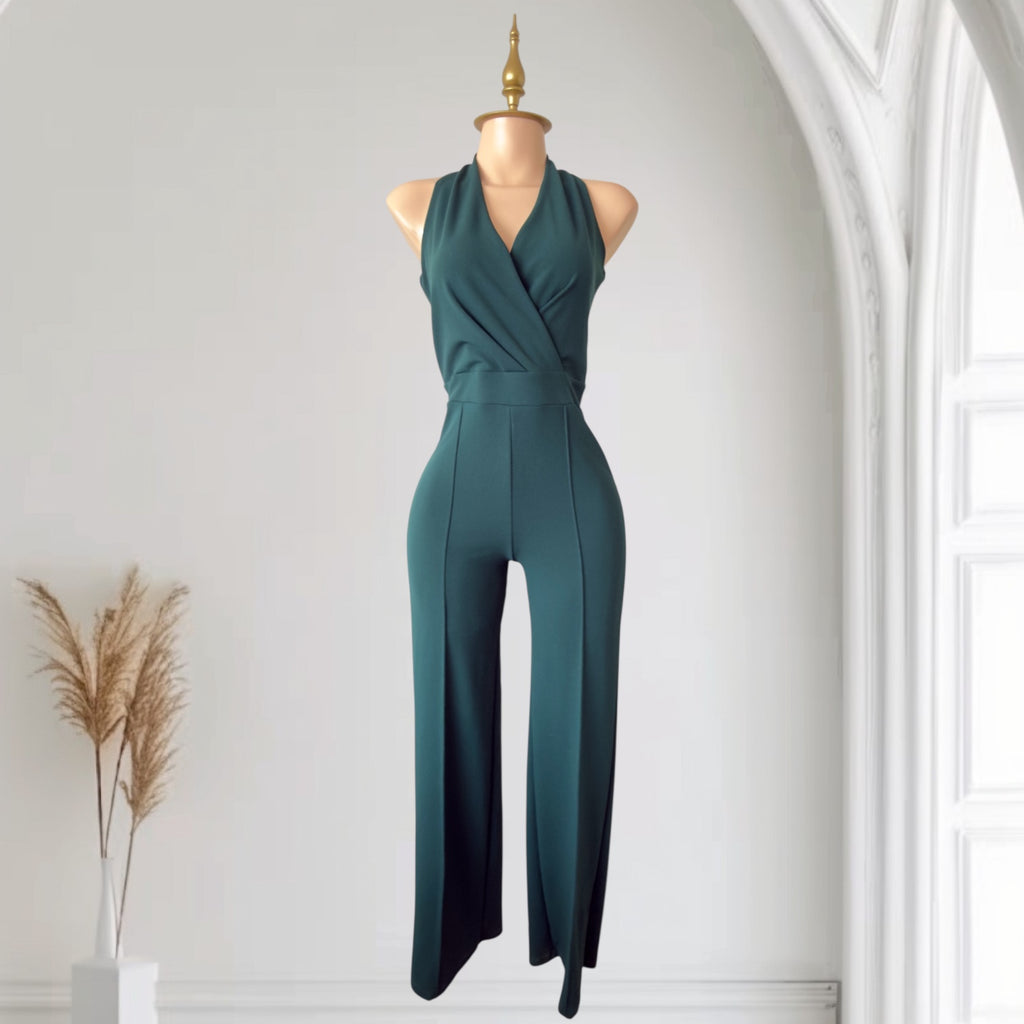 Enterizo Verde Esmeralda con Cuello Halter Cruzado, Escote V Profundo, Espalda Abierta con Moño y Pantalón Palazzo Elegante SHEIN - Talla M