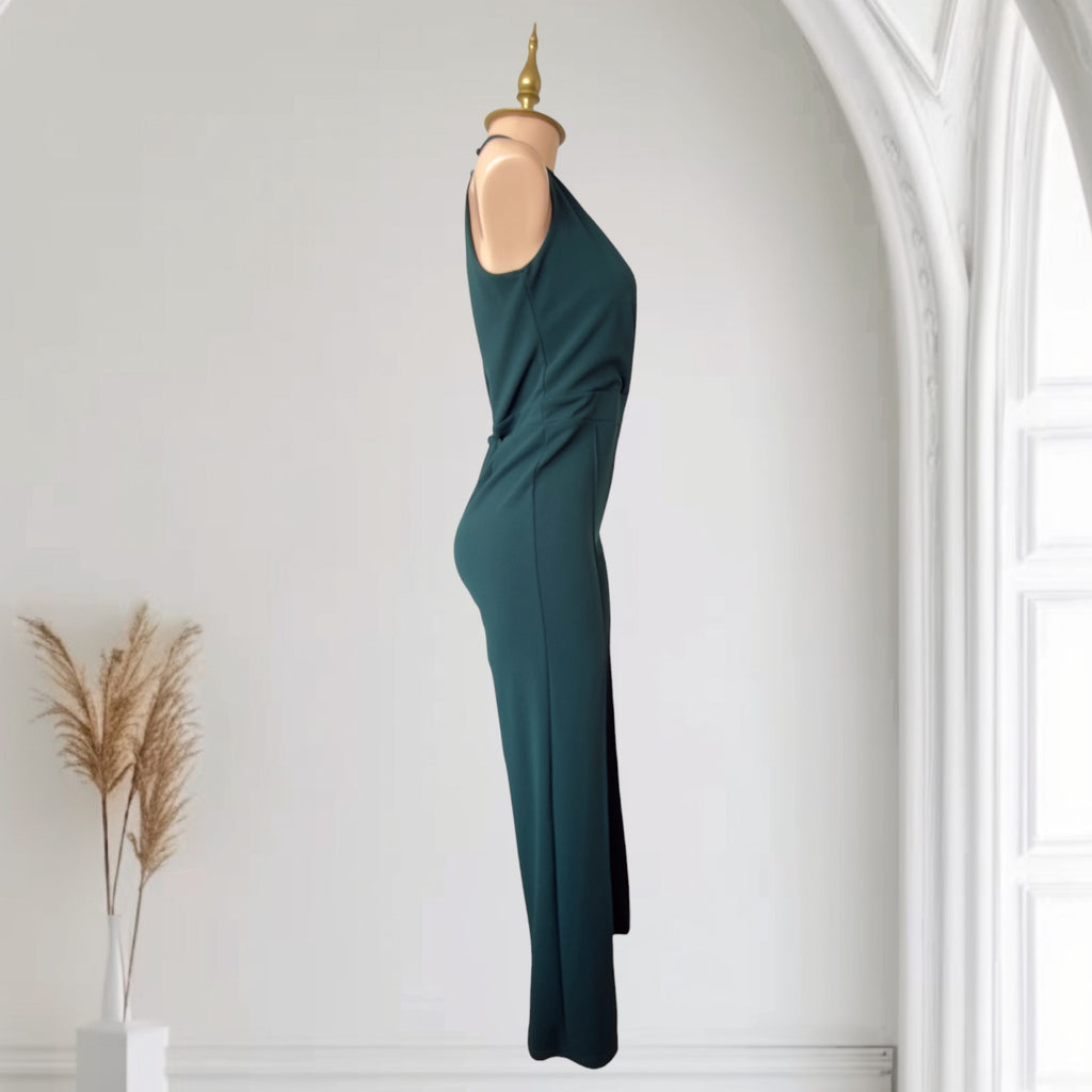 Enterizo Verde Esmeralda con Cuello Halter Cruzado, Escote V Profundo, Espalda Abierta con Moño y Pantalón Palazzo Elegante SHEIN - Talla M