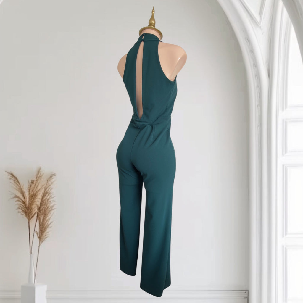 Enterizo Verde Esmeralda con Cuello Halter Cruzado, Escote V Profundo, Espalda Abierta con Moño y Pantalón Palazzo Elegante SHEIN - Talla M