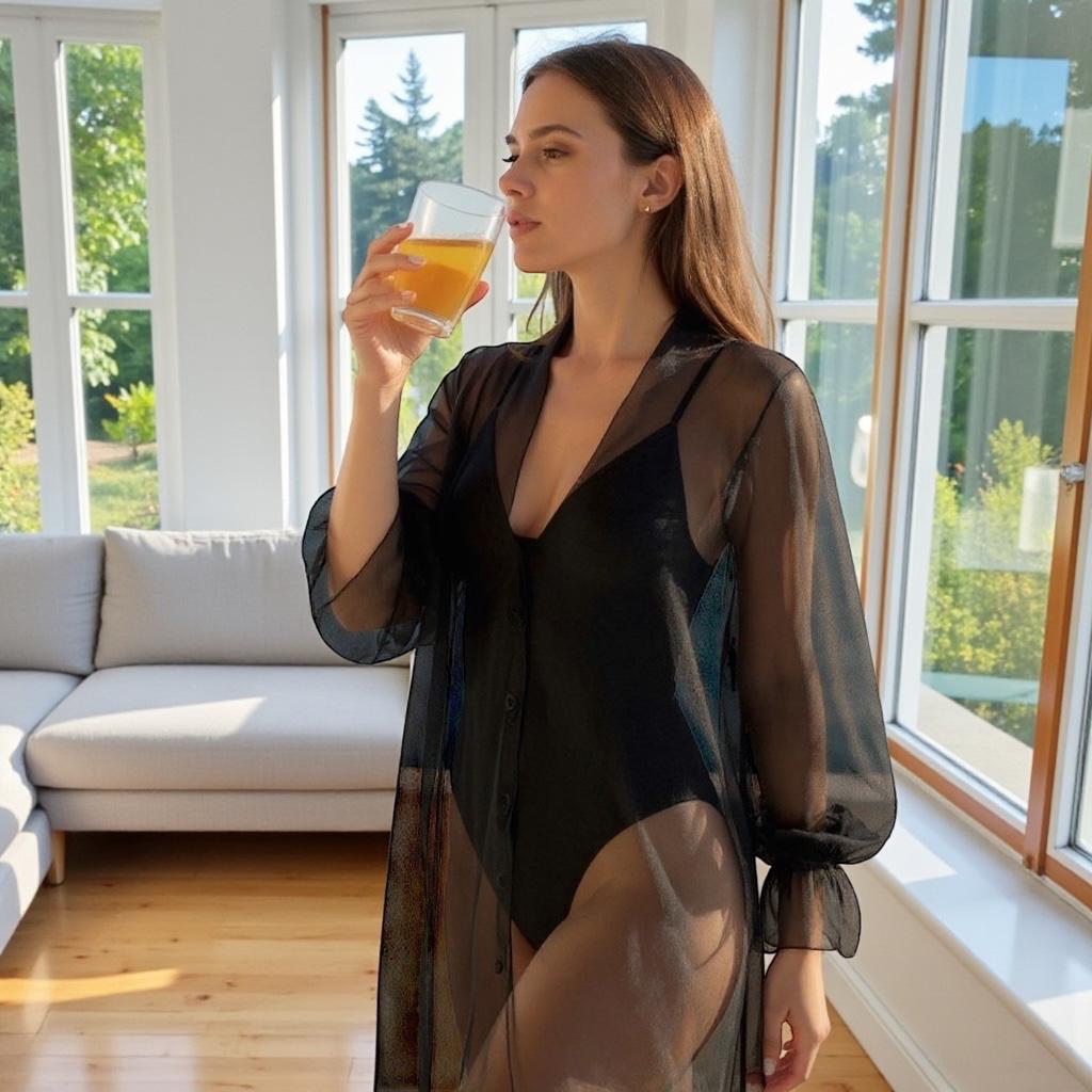 Kimono de Playa Negro Transparente con Cinturón SHEIN - Talla M