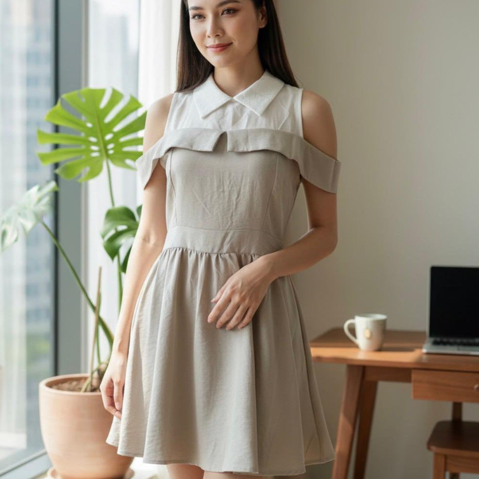 Vestido Beige Elegante con Hombros Descubiertos SHEIN - Talla M