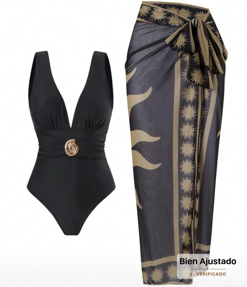Conjunto de Traje de Baño Negro con Estampado de Soles Dorados 2 Piezas Enterizo con Broche y Pareo SHEIN - Talla L