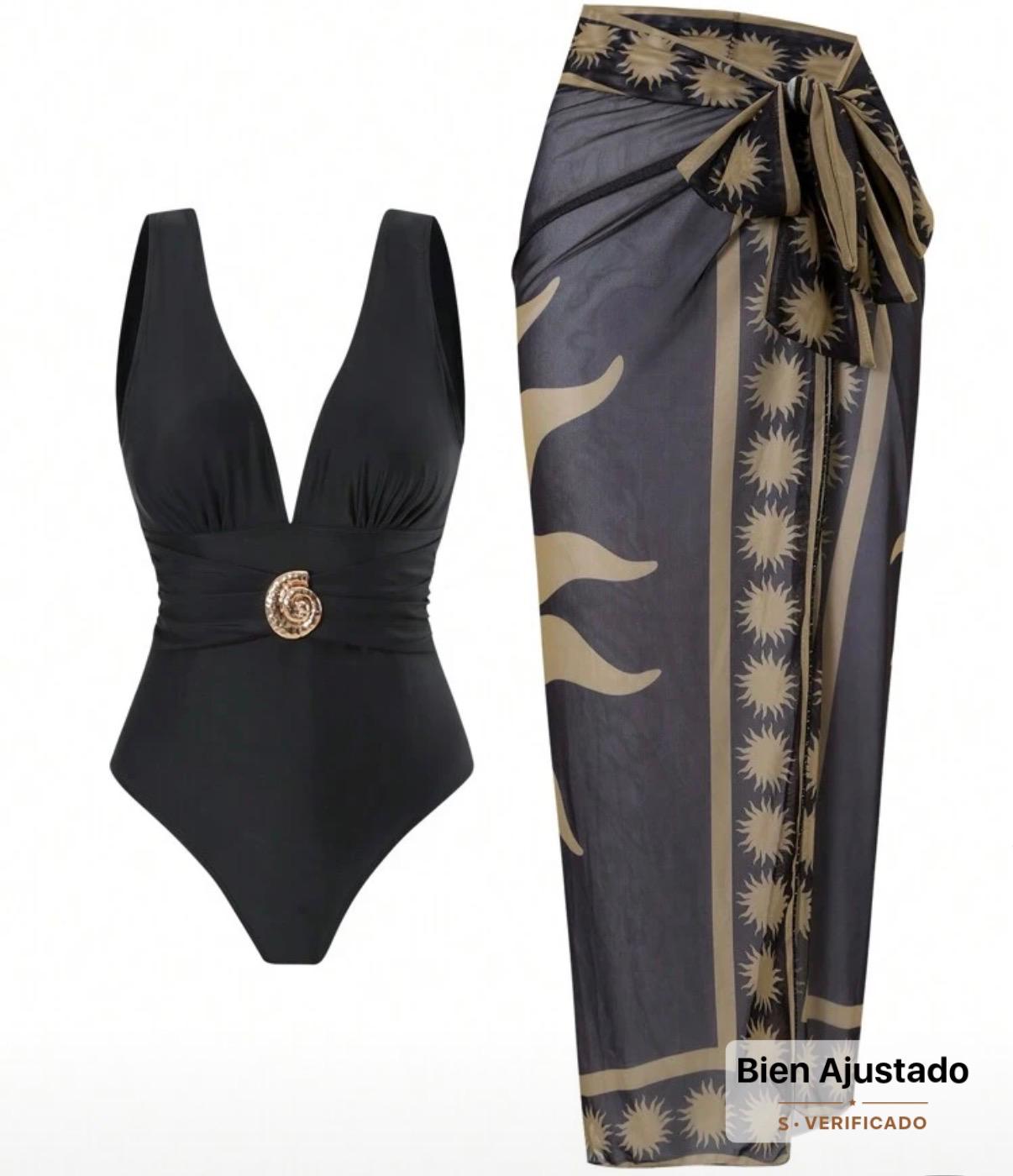 Conjunto de Traje de Baño Negro con Estampado de Soles Dorados 2 Piezas Enterizo con Broche y Pareo SHEIN - Talla L