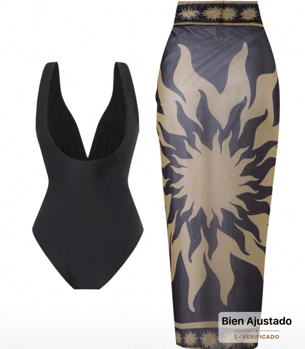 Conjunto de Traje de Baño Negro con Estampado de Soles Dorados 2 Piezas Enterizo con Broche y Pareo SHEIN - Talla L