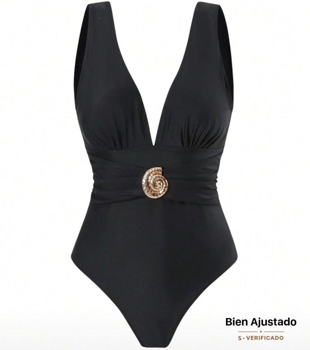 Conjunto de Traje de Baño Negro con Estampado de Soles Dorados 2 Piezas Enterizo con Broche y Pareo SHEIN - Talla L