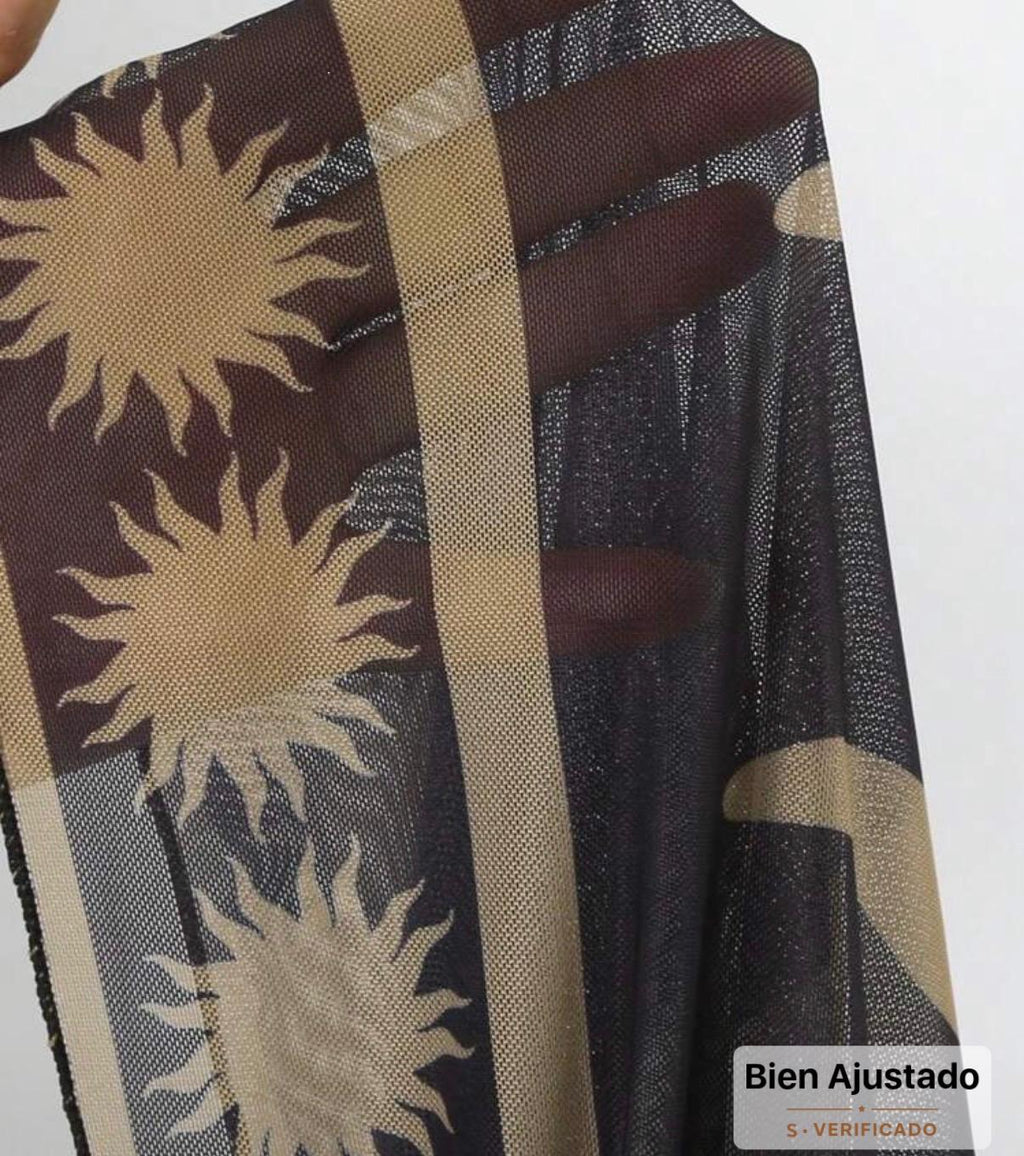 Conjunto de Traje de Baño Negro con Estampado de Soles Dorados 2 Piezas Enterizo con Broche y Pareo SHEIN - Talla L