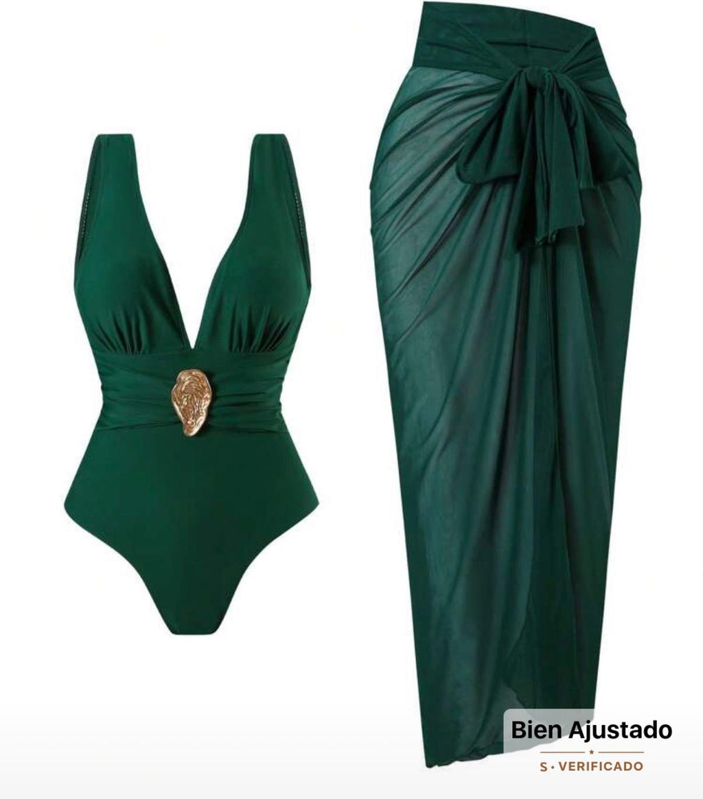 Conjunto de Traje de Baño Verde Esmeralda 2 Piezas Enterizo con Broche Dorado y Pareo SHEIN - Talla L