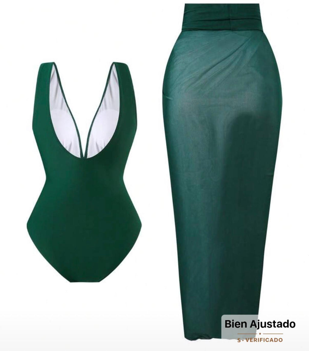 Conjunto de Traje de Baño Verde Esmeralda 2 Piezas Enterizo con Broche Dorado y Pareo SHEIN - Talla L