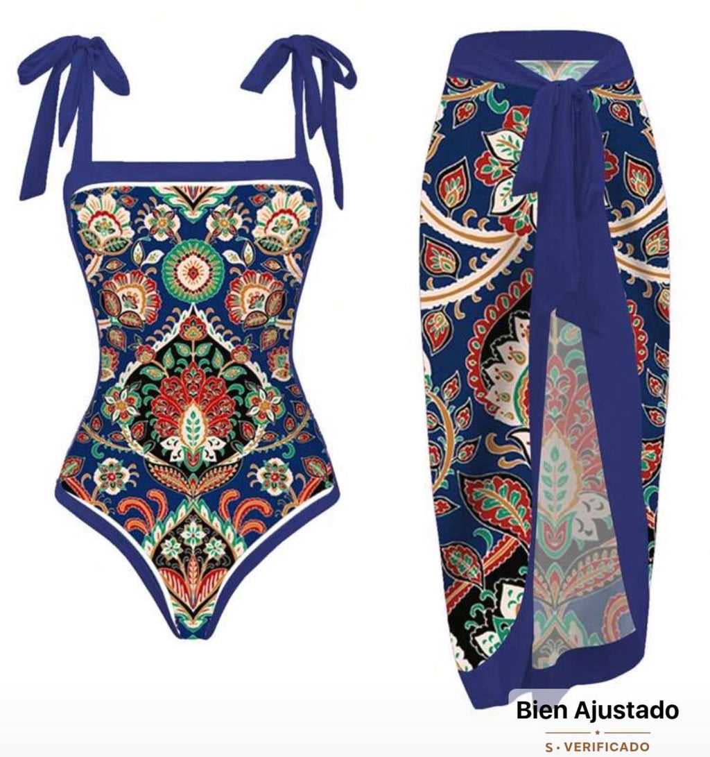 Conjunto de Traje de Baño Floreado Azul 2 Piezas Enterizo con Moños y Pareo SHEIN - Talla L