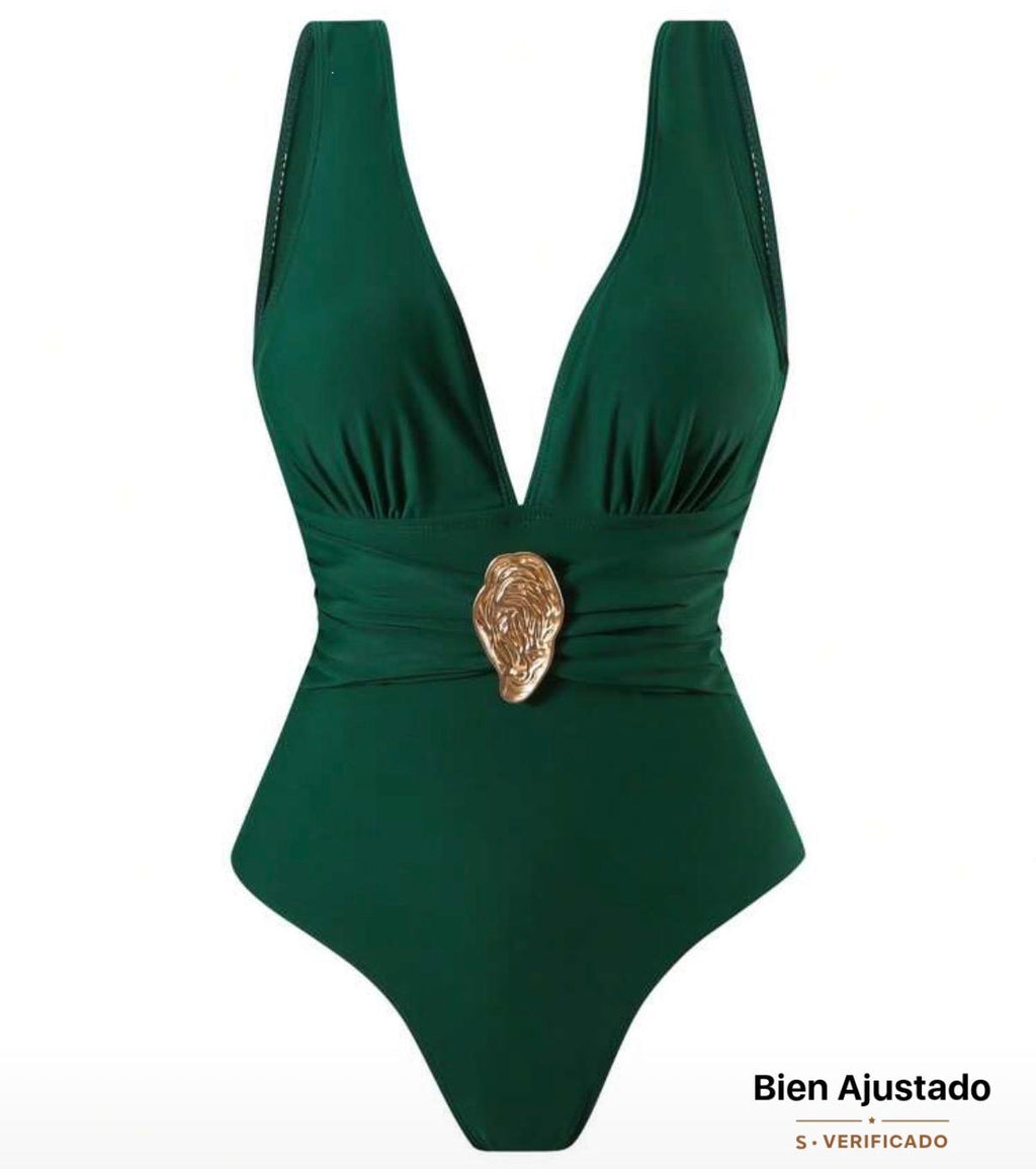 Conjunto de Traje de Baño Verde Esmeralda 2 Piezas Enterizo con Broche Dorado y Pareo SHEIN - Talla L