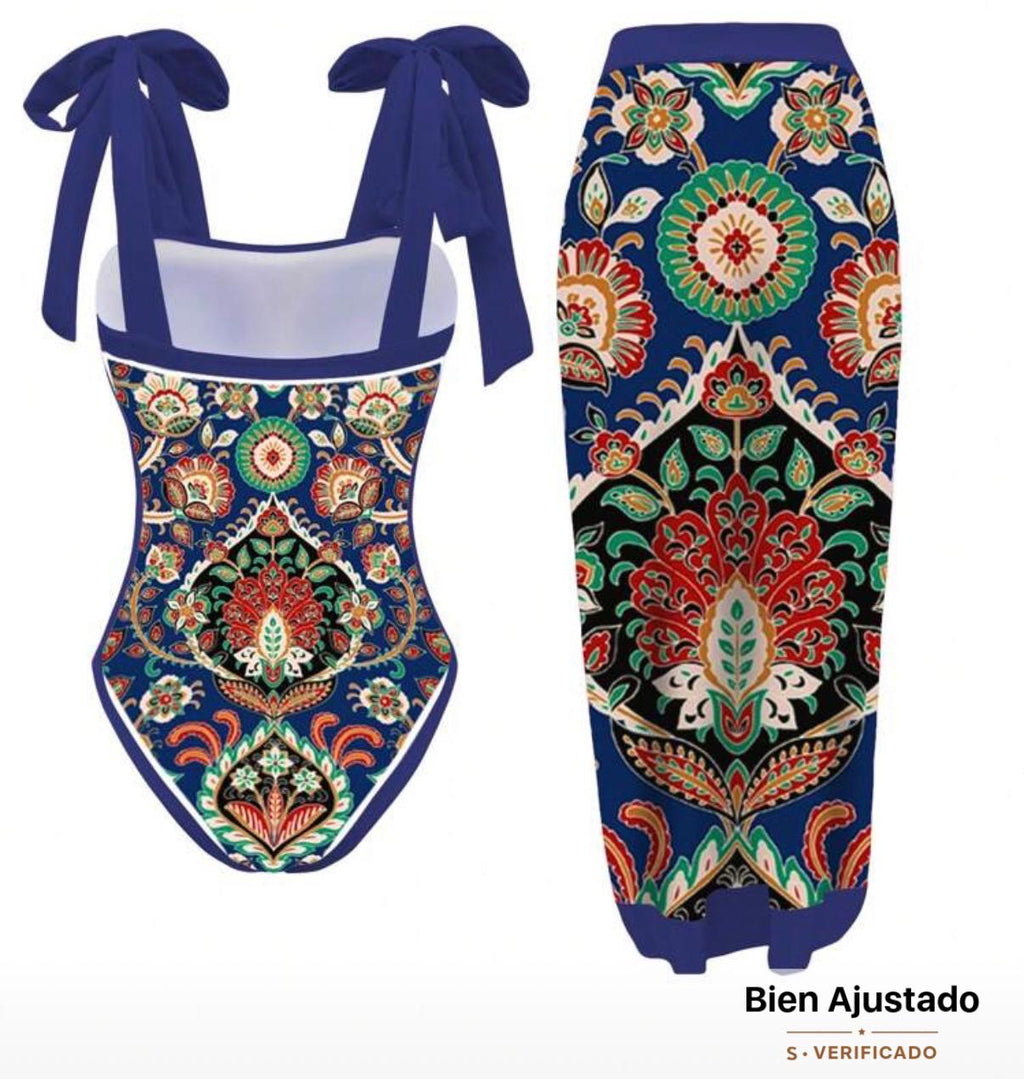 Conjunto de Traje de Baño Floreado Azul 2 Piezas Enterizo con Moños y Pareo SHEIN - Talla L