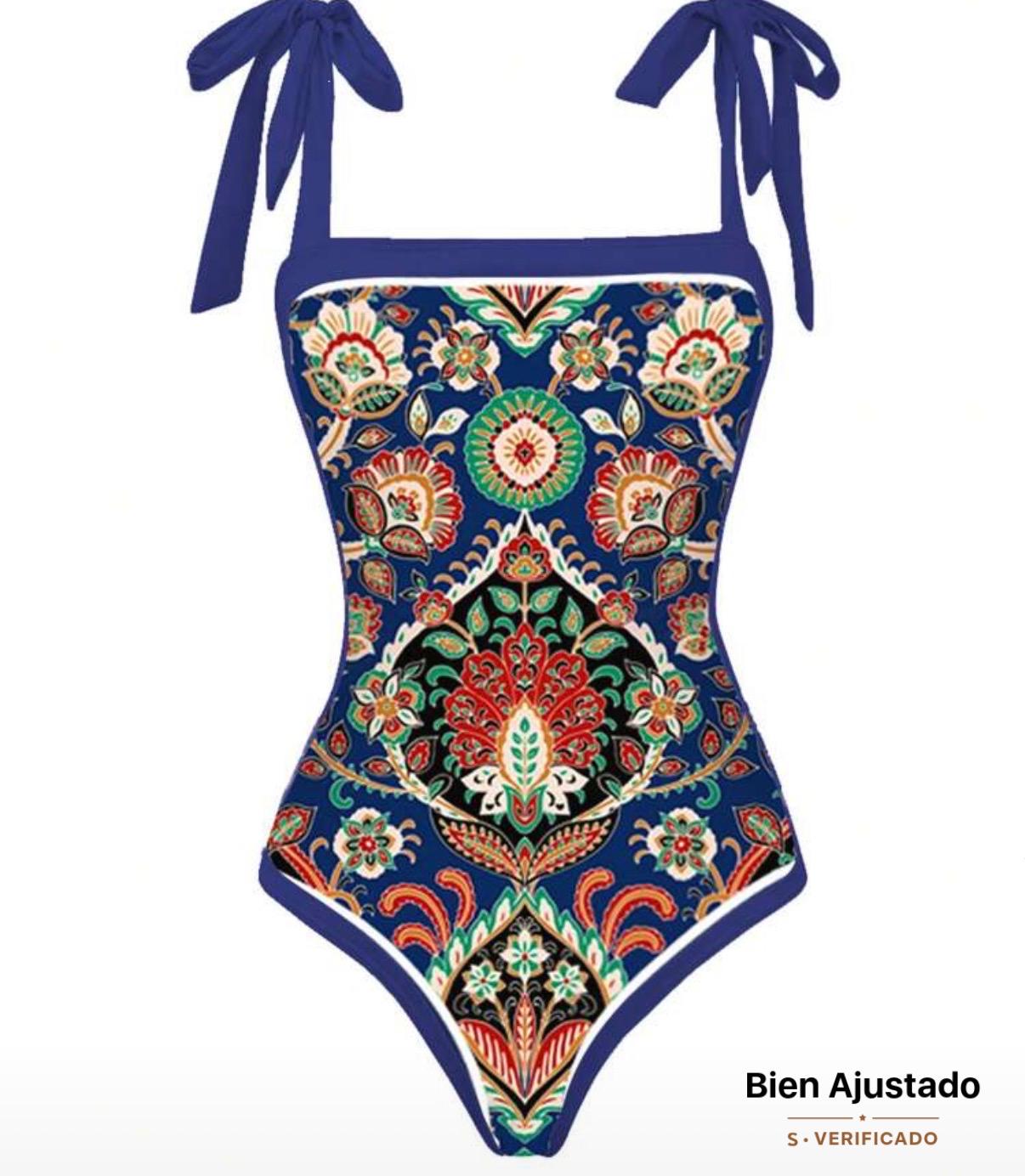 Conjunto de Traje de Baño Floreado Azul 2 Piezas Enterizo con Moños y Pareo SHEIN - Talla L