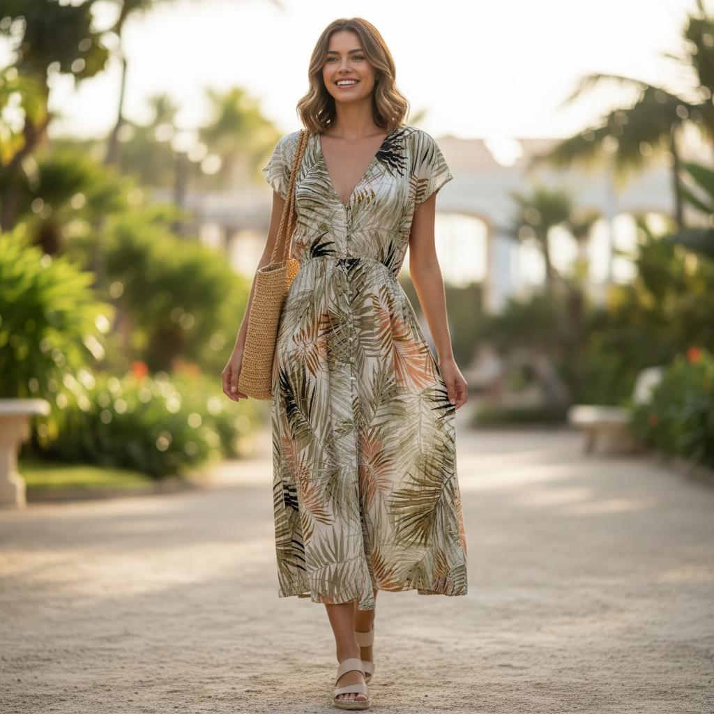 Vestido Floreado Tropical con Estampado de Hojas de Palma LABEL OF LOVE - Talla S