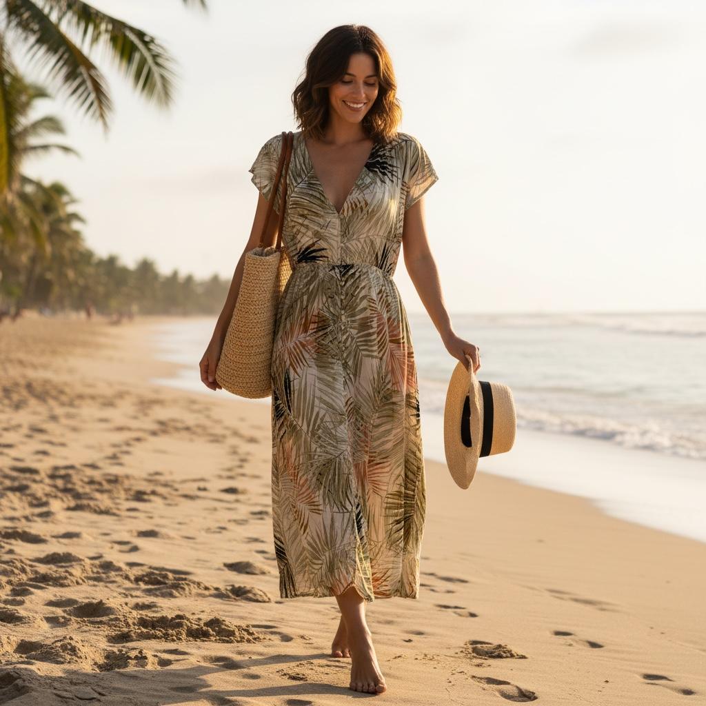 Vestido Floreado Tropical con Estampado de Hojas de Palma LABEL OF LOVE - Talla S