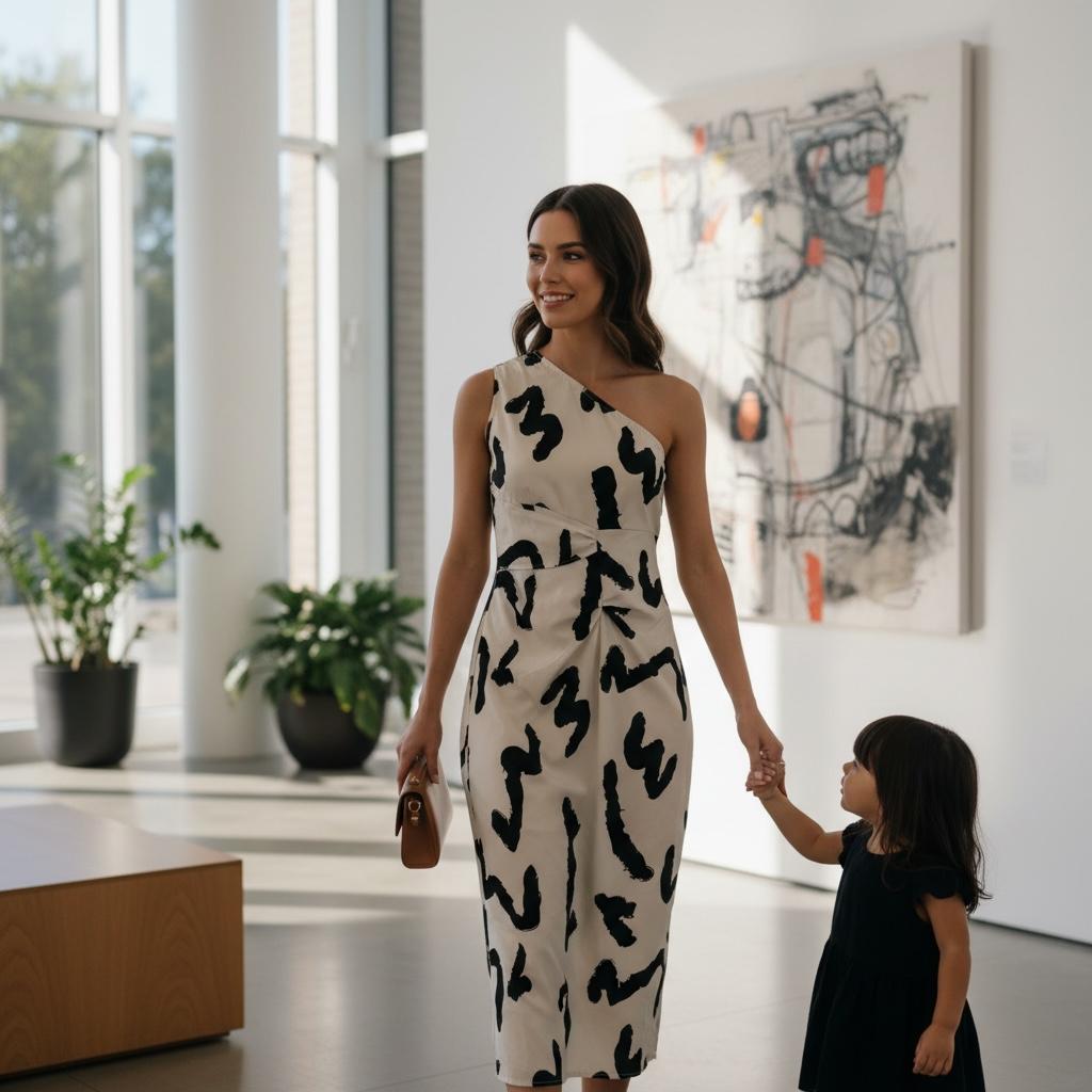 Vestido Blanco con Estampado Abstracto Negro de Un Hombro Elegante SHEIN - Talla M