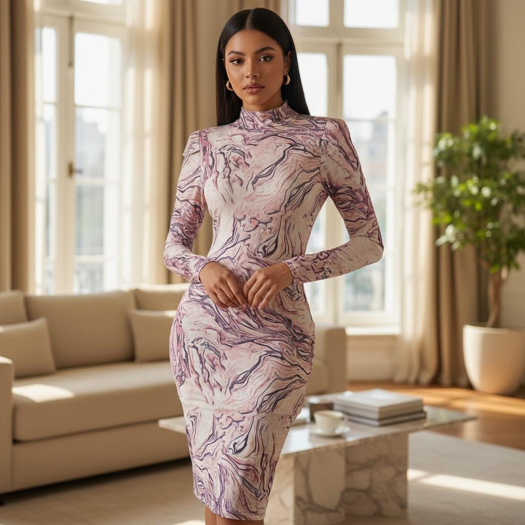 Vestido Moteado con Estampado Marmoleado en Tonos Lila y Beige Elegante SHEIN - Talla M