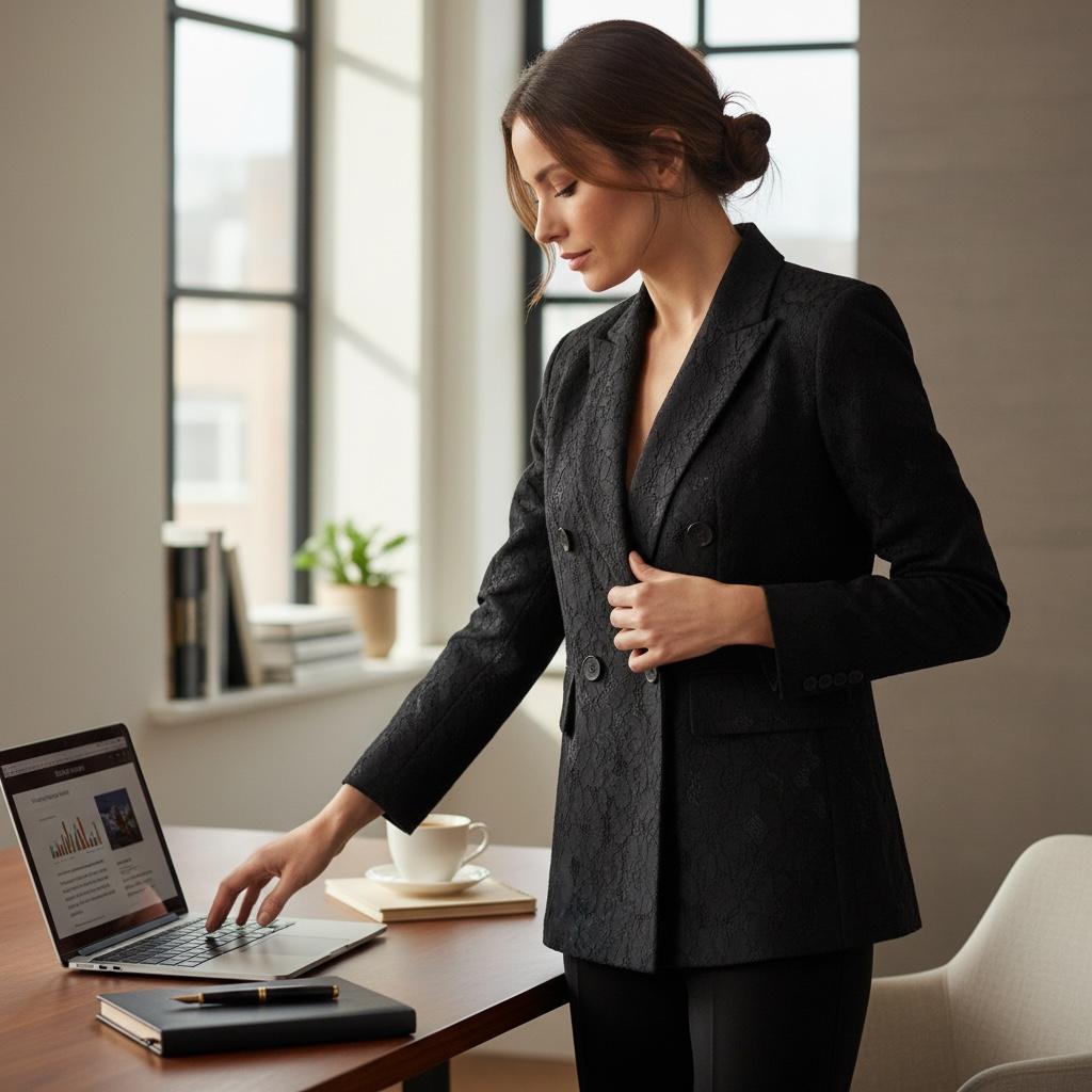 Blazer Negro con Textura Jacquard Floral Profesional Elegante SHASA - Talla M