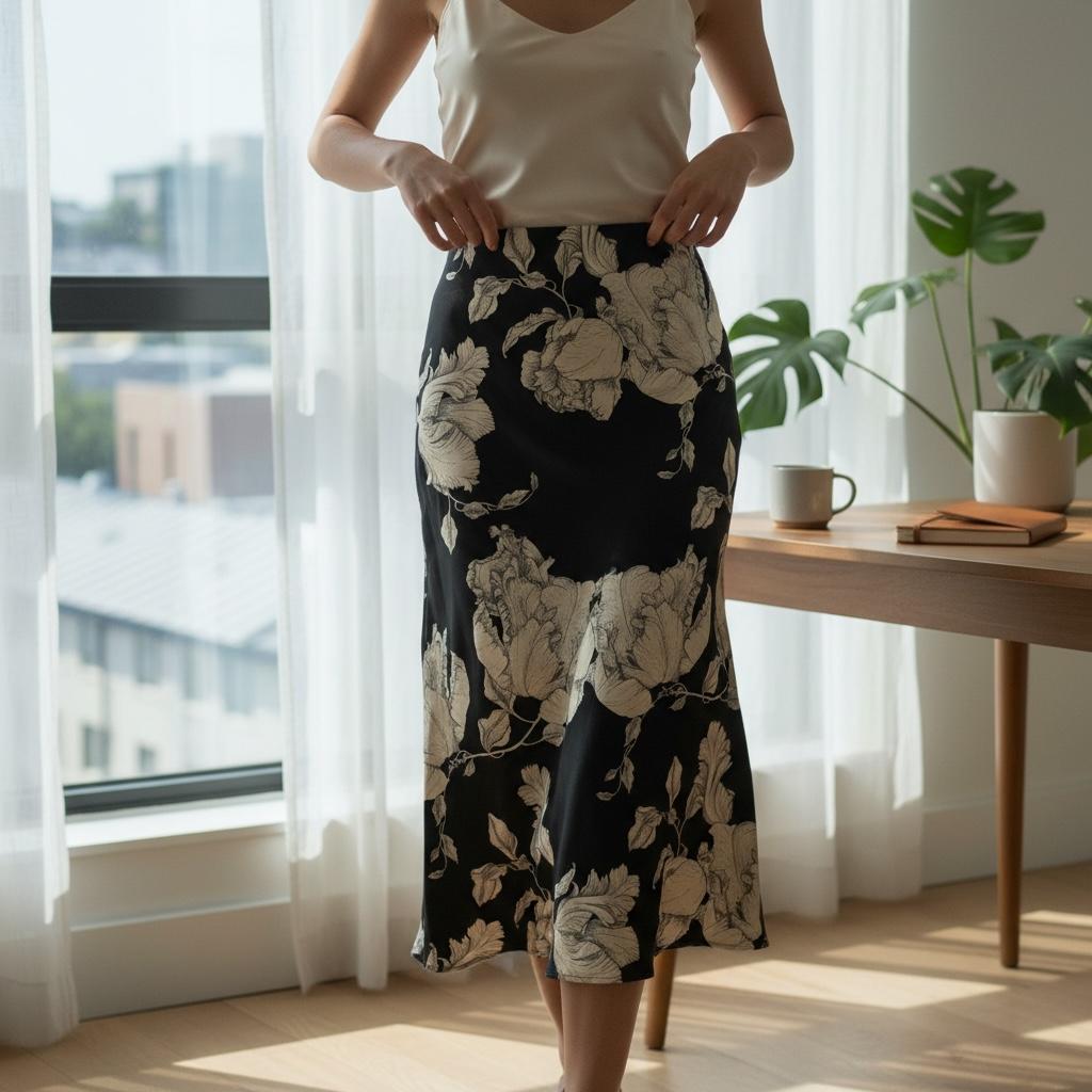 Falda Midi Negra con Estampado Floral Beige Elegante H&M - Talla S