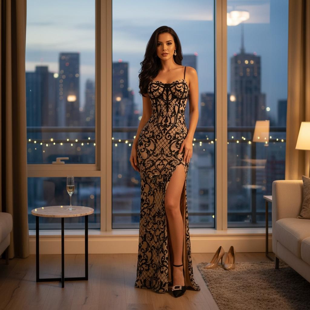 Vestido Nude con Lentejuelas Negras en Patrón Barroco con Abertura Lateral Glamuroso WINDSOJ - Talla S
