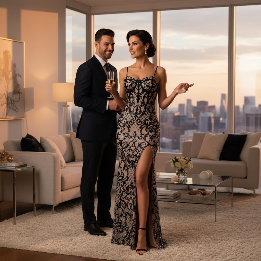 Vestido Nude con Lentejuelas Negras en Patrón Barroco con Abertura Lateral Glamuroso WINDSOJ - Talla S