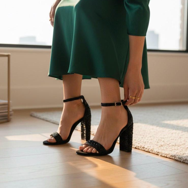 Sandalias Negras con Pedrería y Tacón Grueso Elegantes STEVE MADDEN - Talla 24