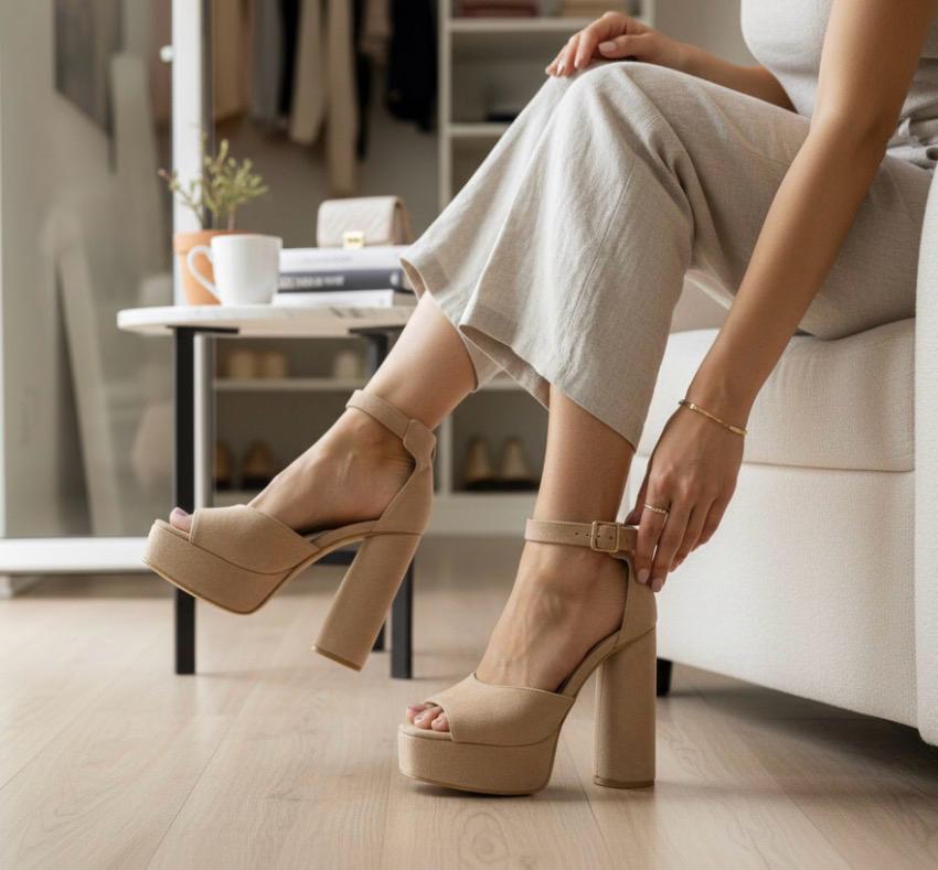 Sandalias Beige de Plataforma con Correa Cruzada y Tacón Grueso Elegantes DOROTHY GAYNOR - Talla 24.5