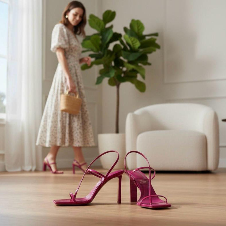 Sandalias Rosa de Tiras de Charol con Tacón Grueso Elegantes ZARA - Talla 24