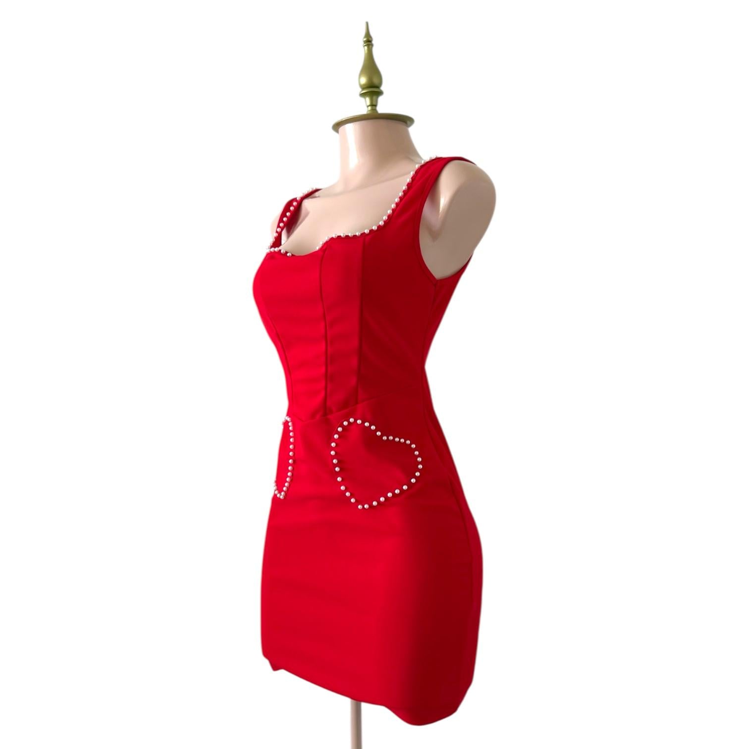 Minivestido Rojo con Detalles de Perlas y Bolsillos SHEIN - Talla S-M