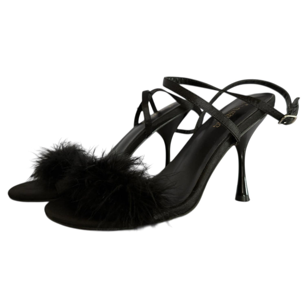 Sandalias Satinadas Negras con Peluche y Tacón Kitten Elegantes SHASA - Talla 25