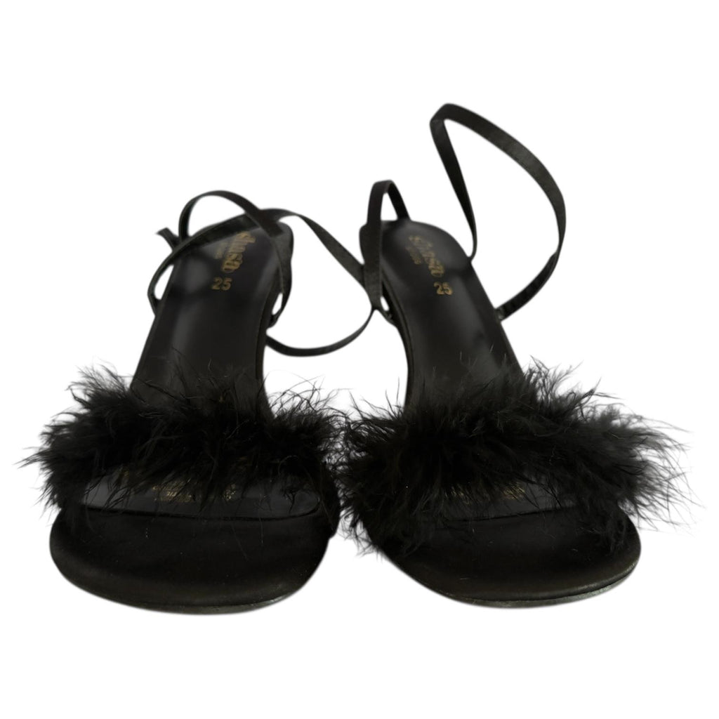Sandalias Satinadas Negras con Peluche y Tacón Kitten Elegantes SHASA - Talla 25