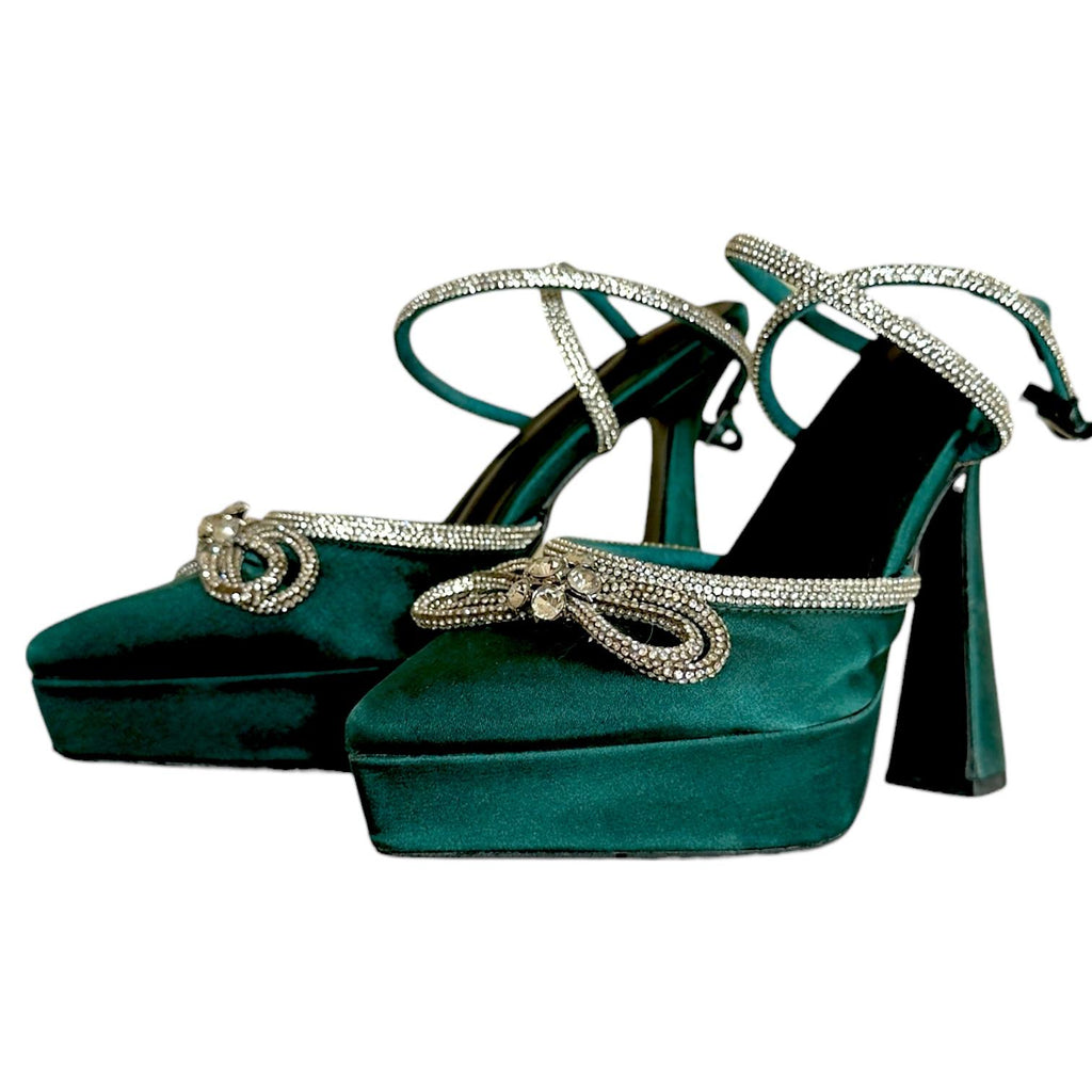 Zapatillas Verde Esmeralda de Terciopelo con Plataforma, Cristales y Tacón Grueso Elegantes SHASA - Talla 25