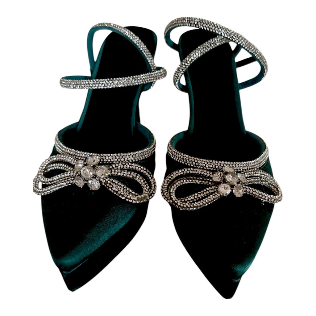 Zapatillas Verde Esmeralda de Terciopelo con Plataforma, Cristales y Tacón Grueso Elegantes SHASA - Talla 25