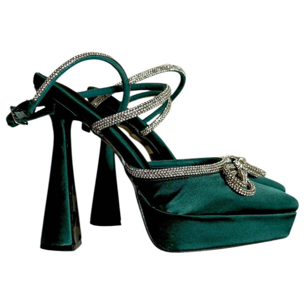 Zapatillas Verde Esmeralda de Terciopelo con Plataforma, Cristales y Tacón Grueso Elegantes SHASA - Talla 25
