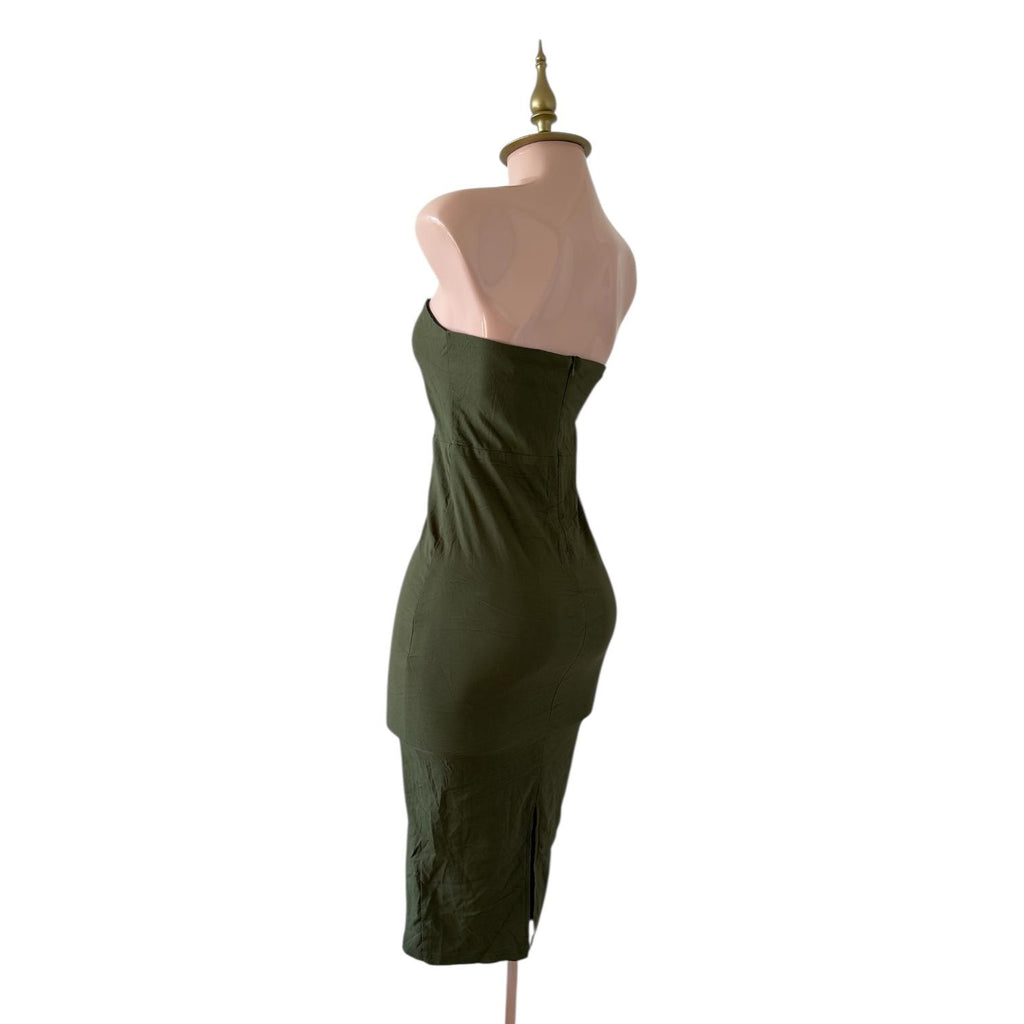 Vestido Verde Olivo Elegante Strapless Midi FOREVER 21 - Talla M