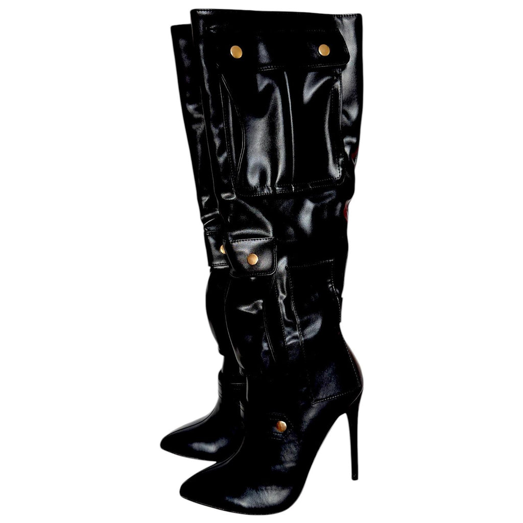 Botas Cargo Negras de Charol con Bolsillos y Tacón de Aguja Elegantes BERNESS - Talla 24.5
