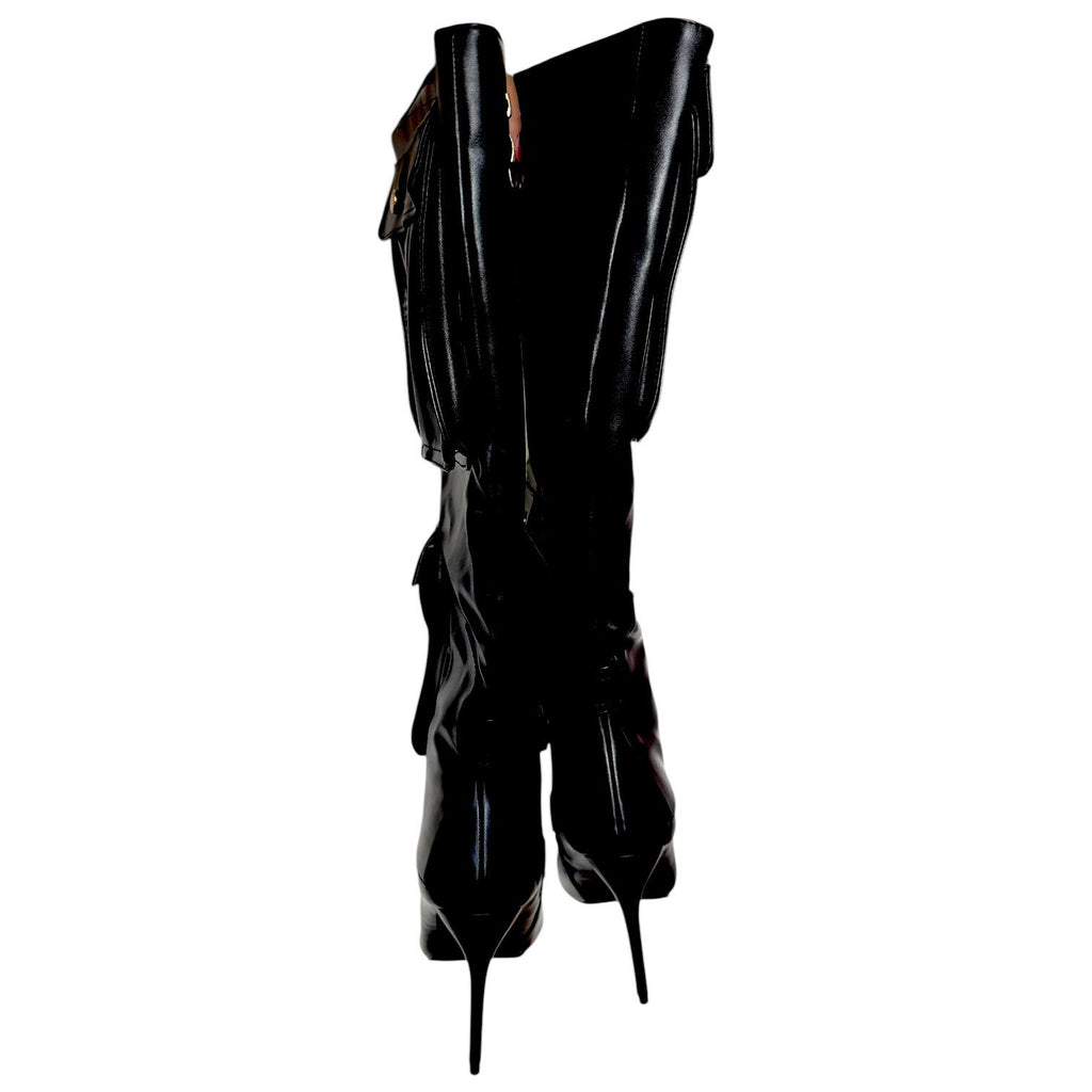 Botas Cargo Negras de Charol con Bolsillos y Tacón de Aguja Elegantes BERNESS - Talla 24.5