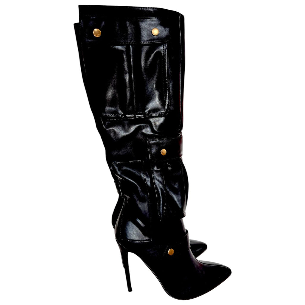 Botas Cargo Negras de Charol con Bolsillos y Tacón de Aguja Elegantes BERNESS - Talla 24.5
