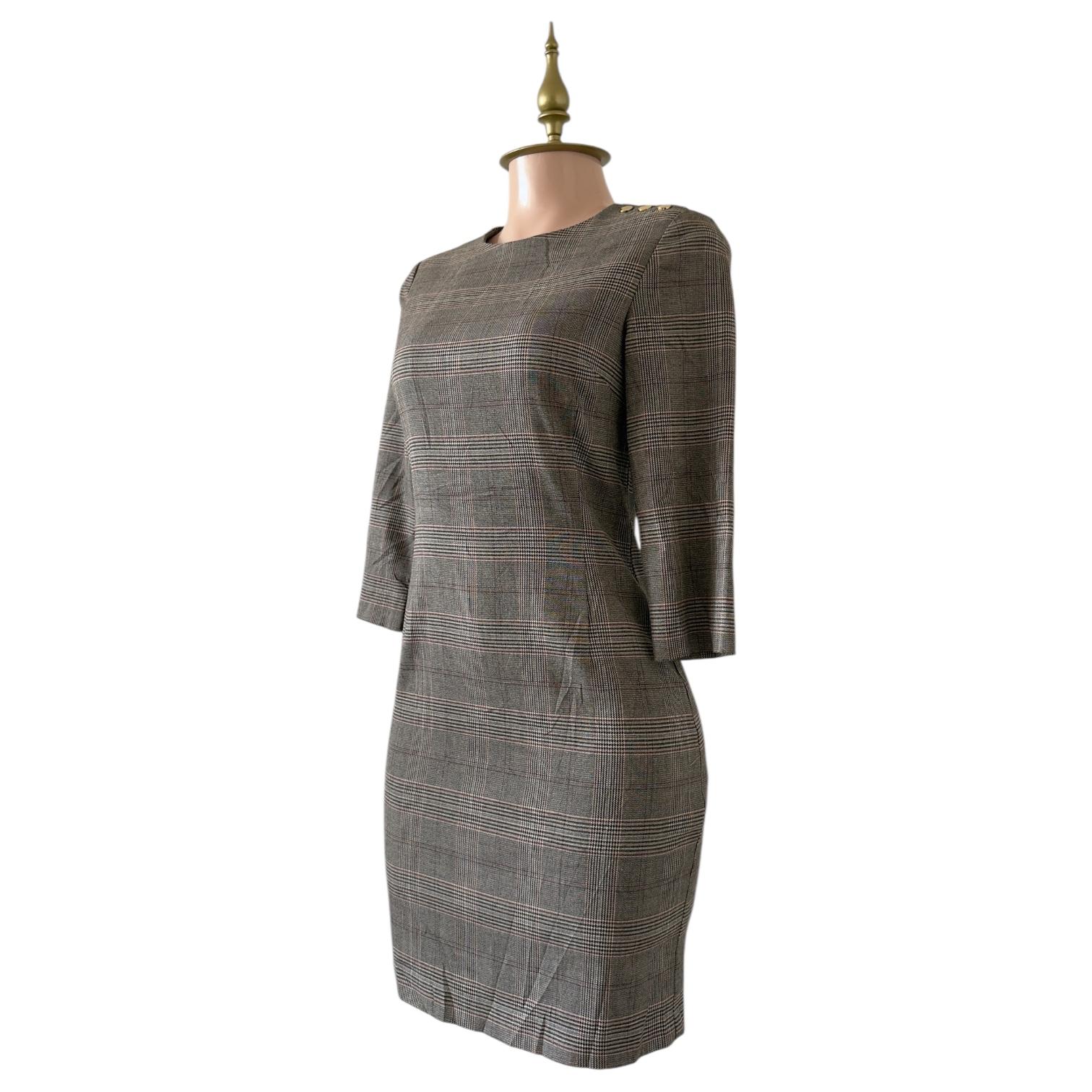 Vestido Café a Cuadros Tipo Glen Plaid con Mangas 3/4 Profesional H&M - Talla S