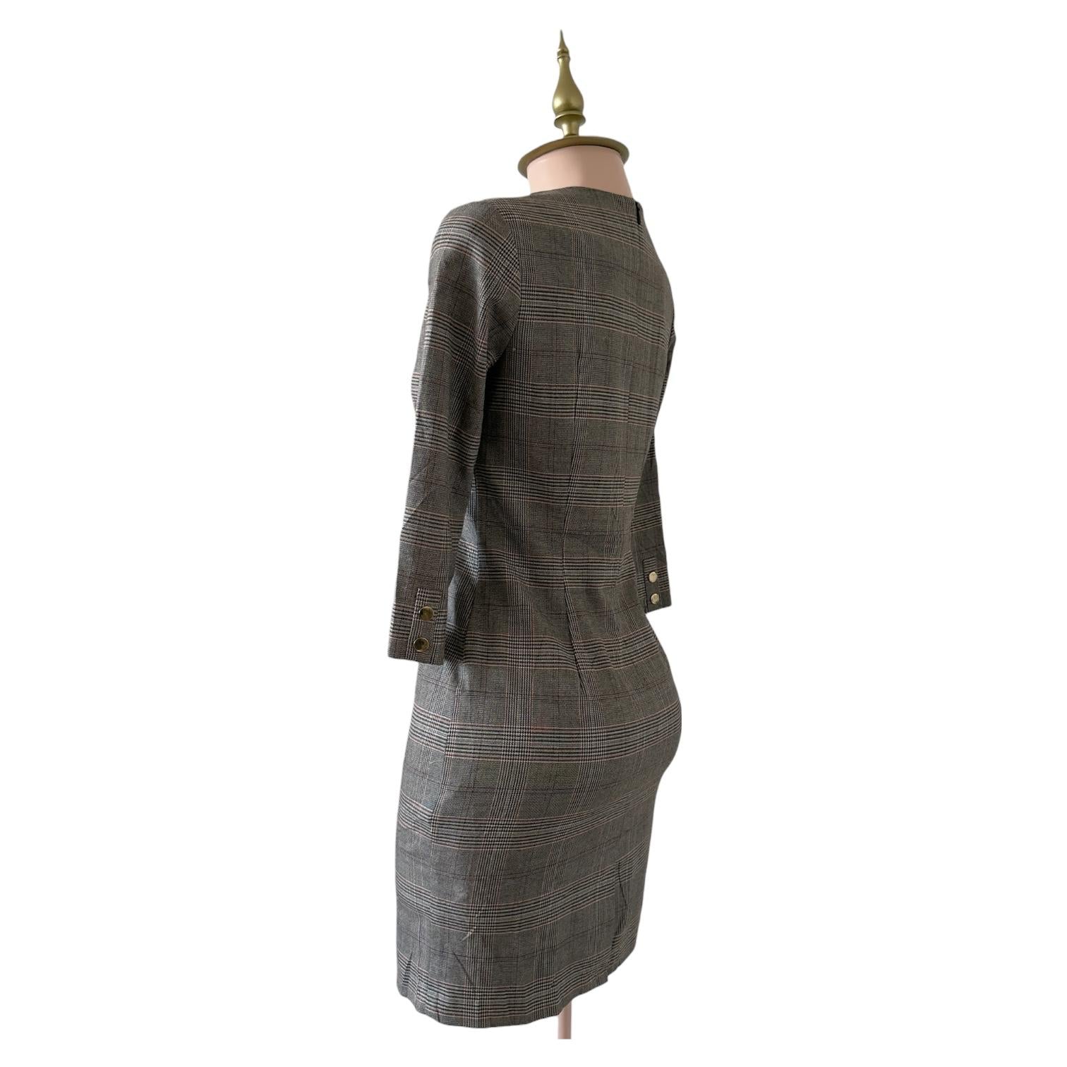 Vestido Café a Cuadros Tipo Glen Plaid con Mangas 3/4 Profesional H&M - Talla S