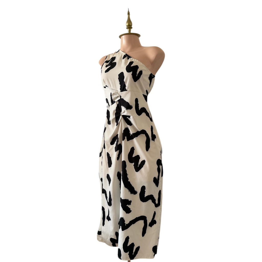 Vestido Blanco con Estampado Abstracto Negro de Un Hombro Elegante SHEIN - Talla M