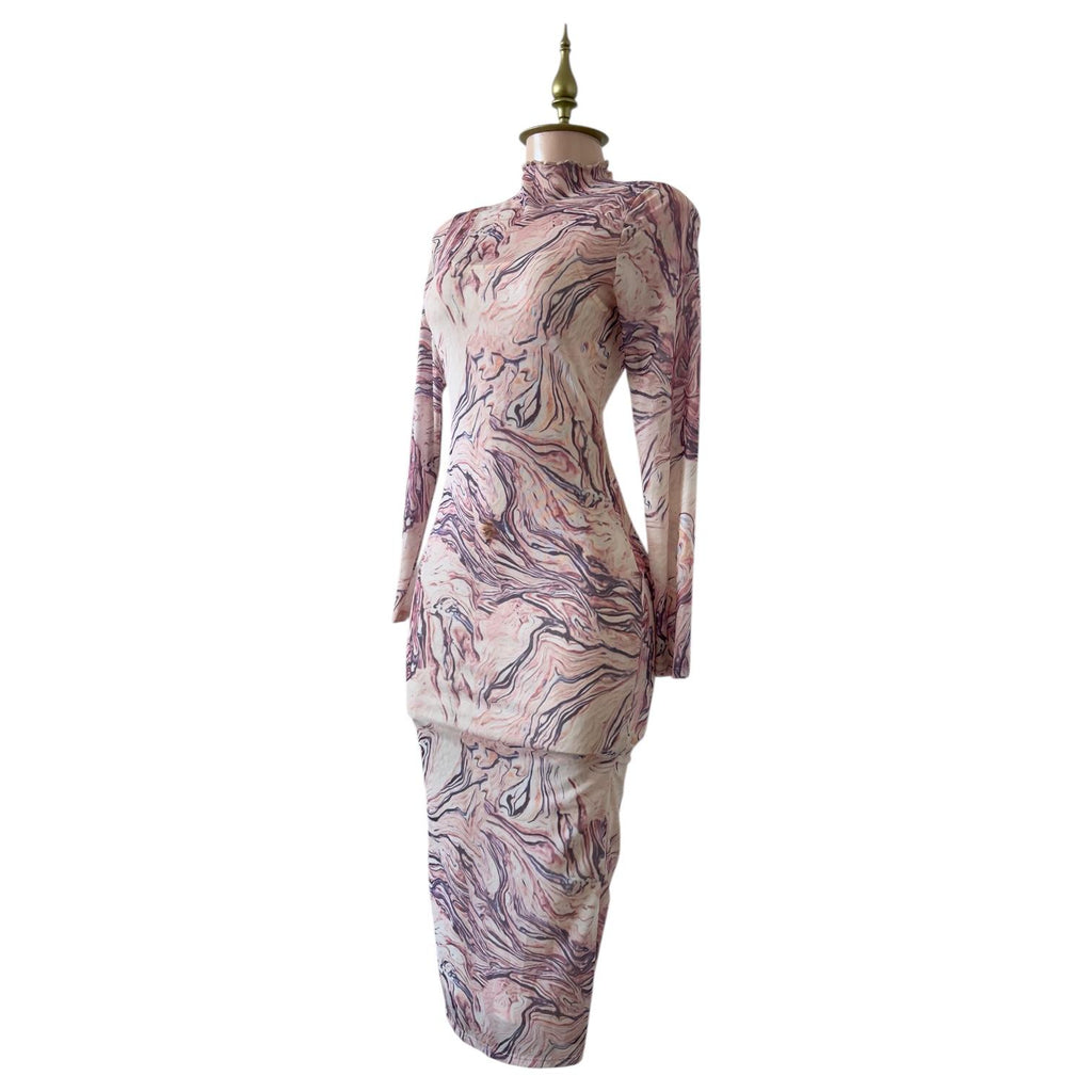 Vestido Moteado con Estampado Marmoleado en Tonos Lila y Beige Elegante SHEIN - Talla M