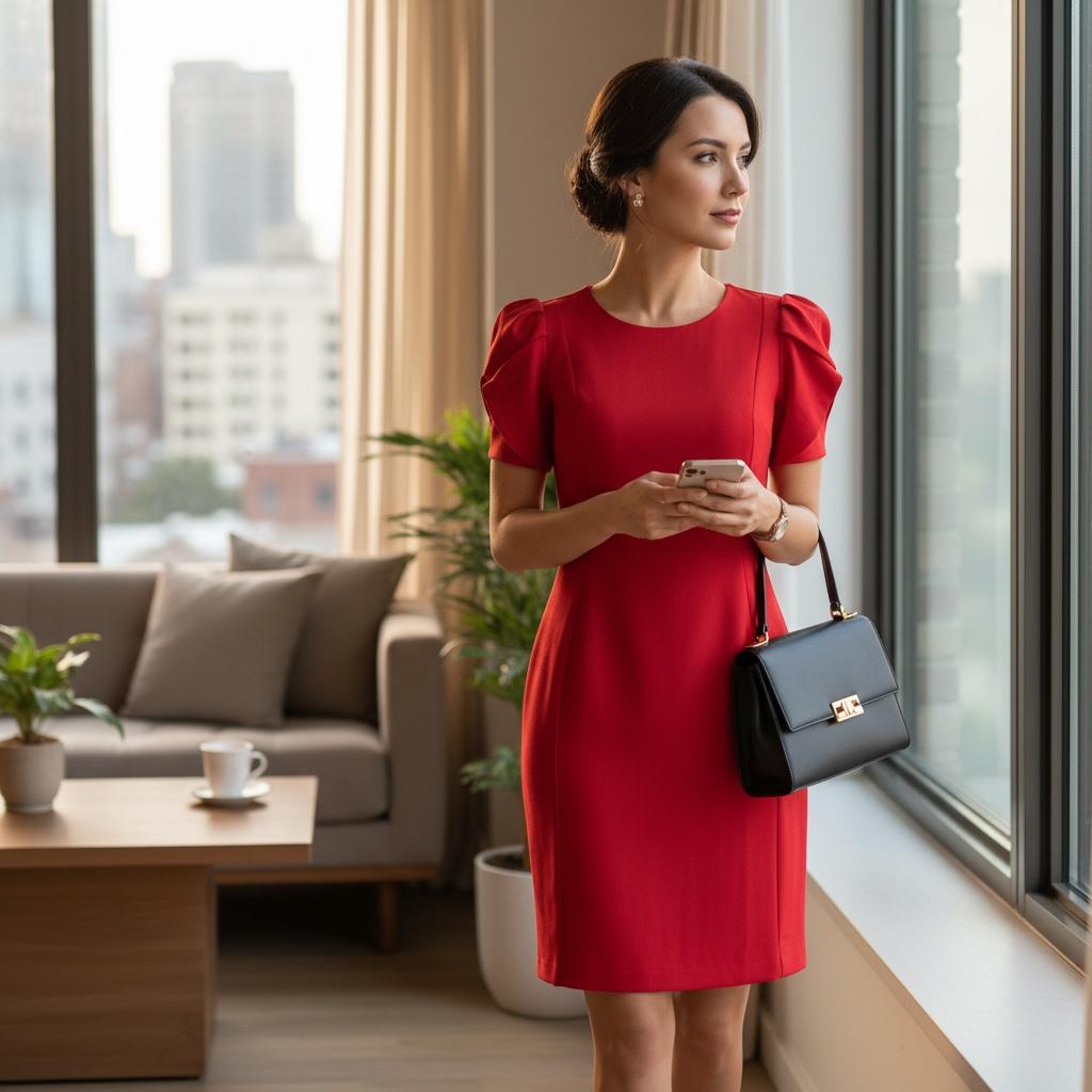 Vestido Rojo con Mangas Globo Profesional Elegante ANNE KLEIN - Talla S