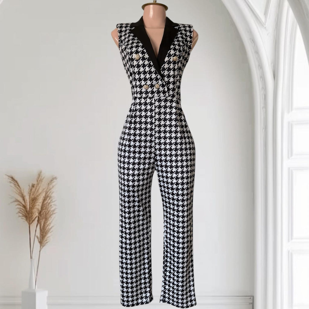 Enterizo Negro con Blanco Estampado Pata de Gallo Profesional Elegante SHEIN - Talla M