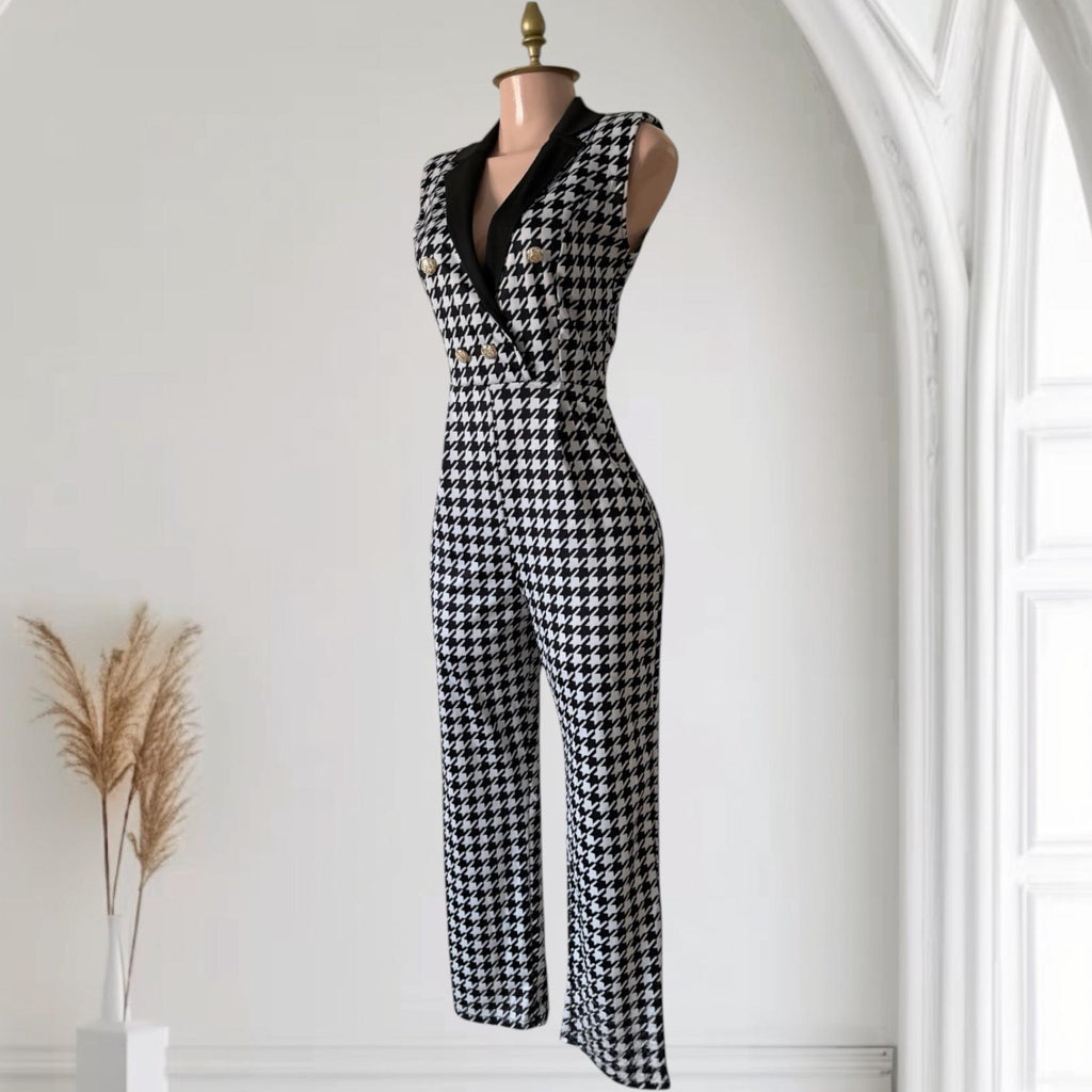 Enterizo Negro con Blanco Estampado Pata de Gallo Profesional Elegante SHEIN - Talla M