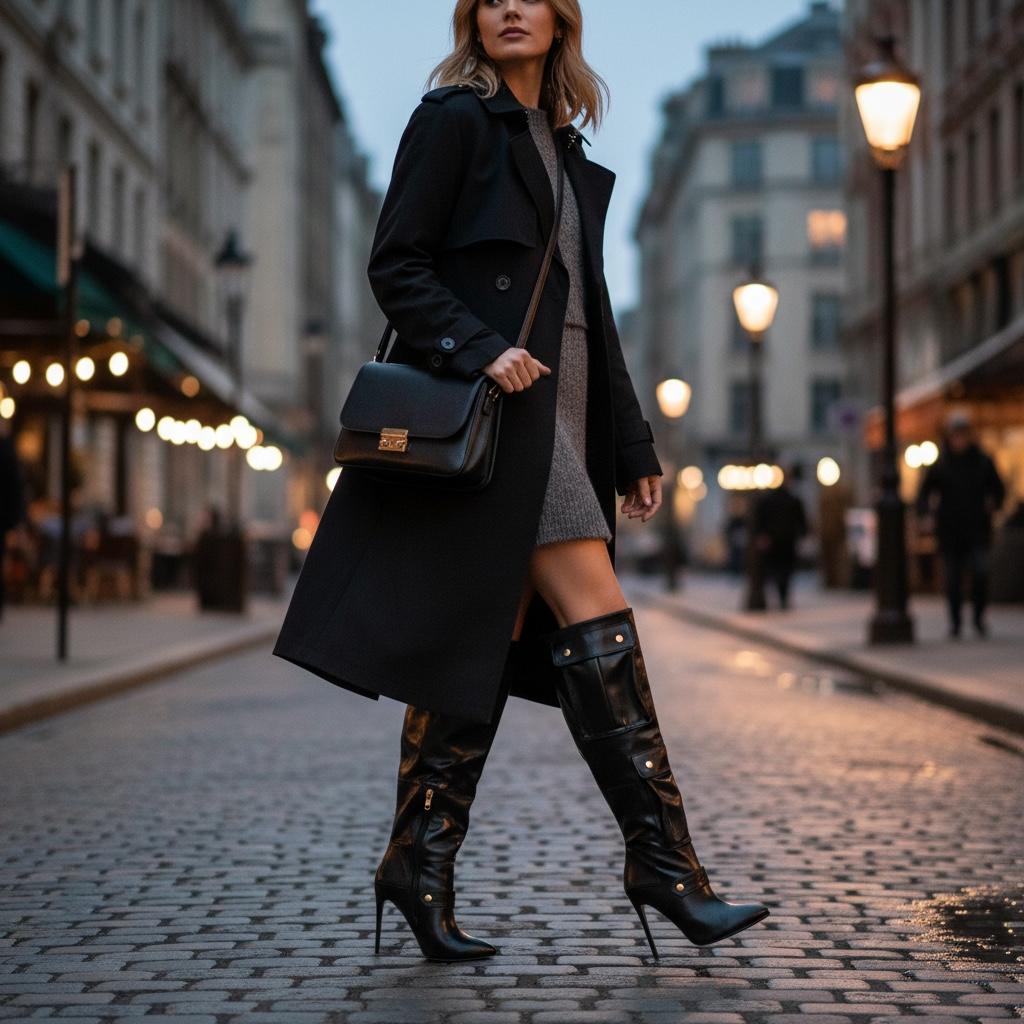 Botas Cargo Negras de Charol con Bolsillos y Tacón de Aguja Elegantes BERNESS - Talla 24.5