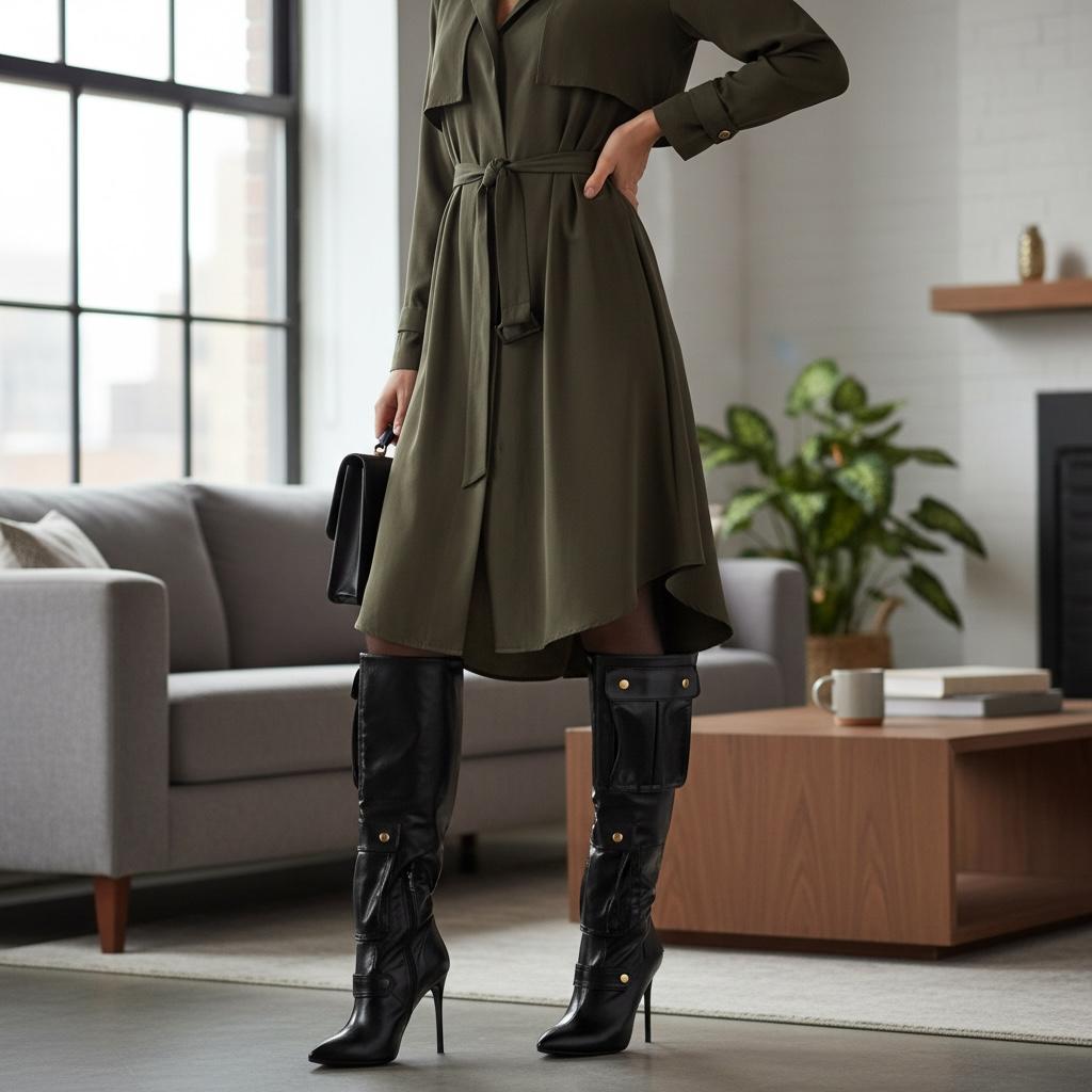 Botas Cargo Negras de Charol con Bolsillos y Tacón de Aguja Elegantes BERNESS - Talla 24.5