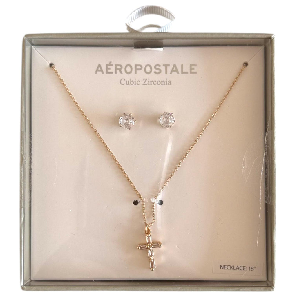 Set de Aretes y Collar Dorado con Cruz de Zirconia Cúbica Elegante AEROPOSTALE