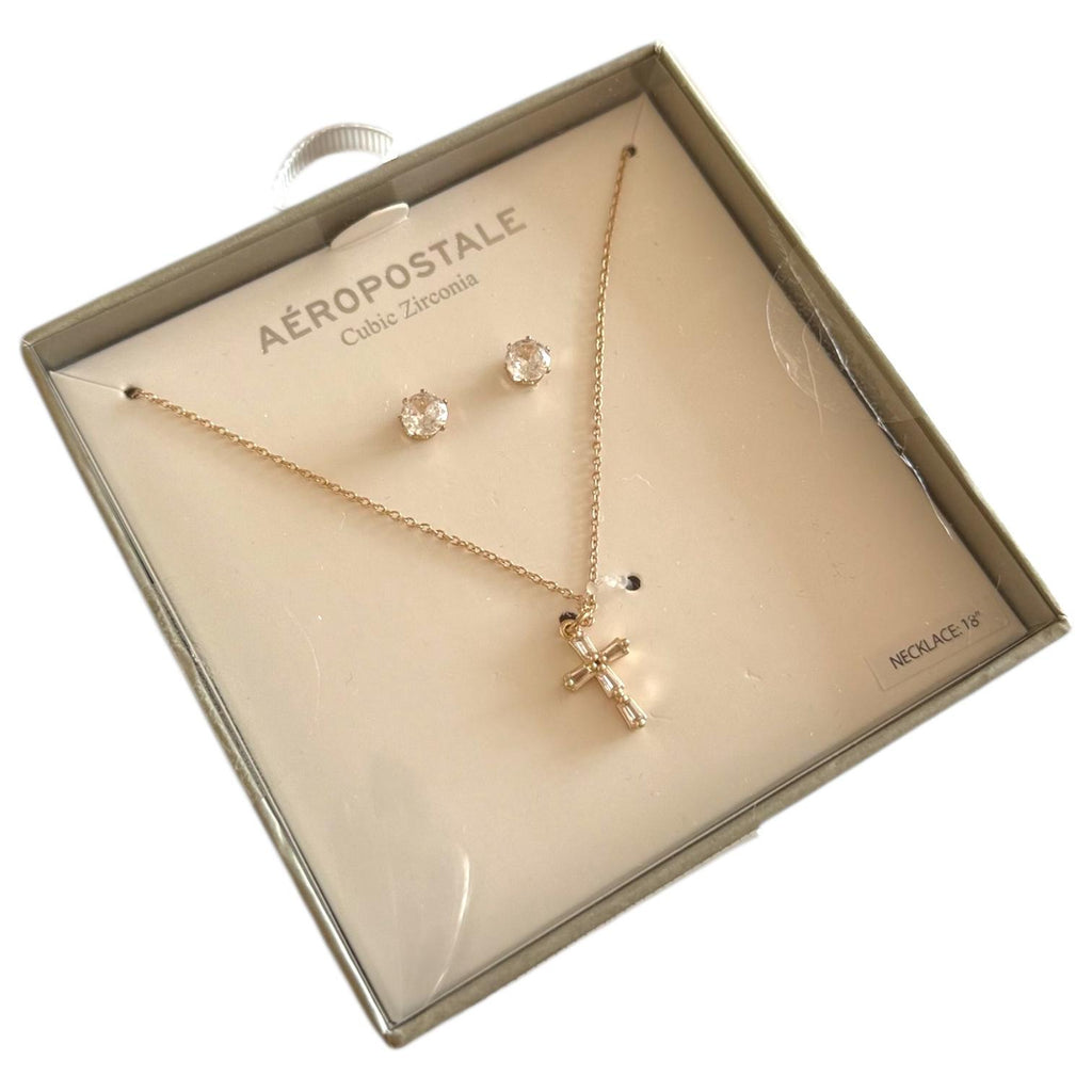 Set de Aretes y Collar Dorado con Cruz de Zirconia Cúbica Elegante AEROPOSTALE