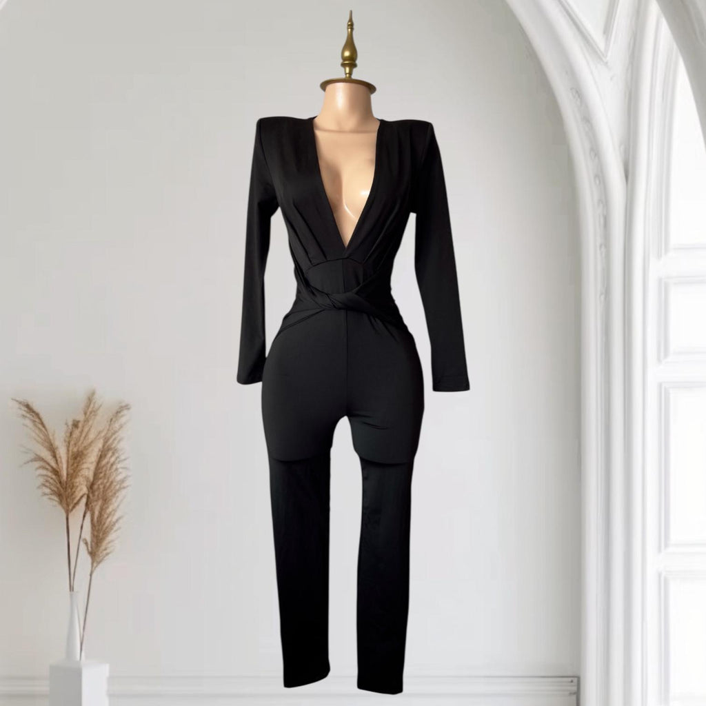 Enterizo Negro con Cuello V Profundo, Mangas Largas y Hombreras Estructuradas Elegante SHEIN - Talla M