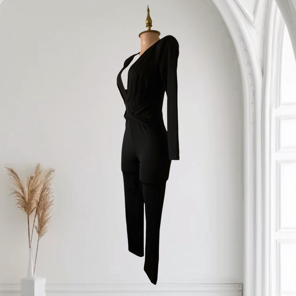 Enterizo Negro con Cuello V Profundo, Mangas Largas y Hombreras Estructuradas Elegante SHEIN - Talla M